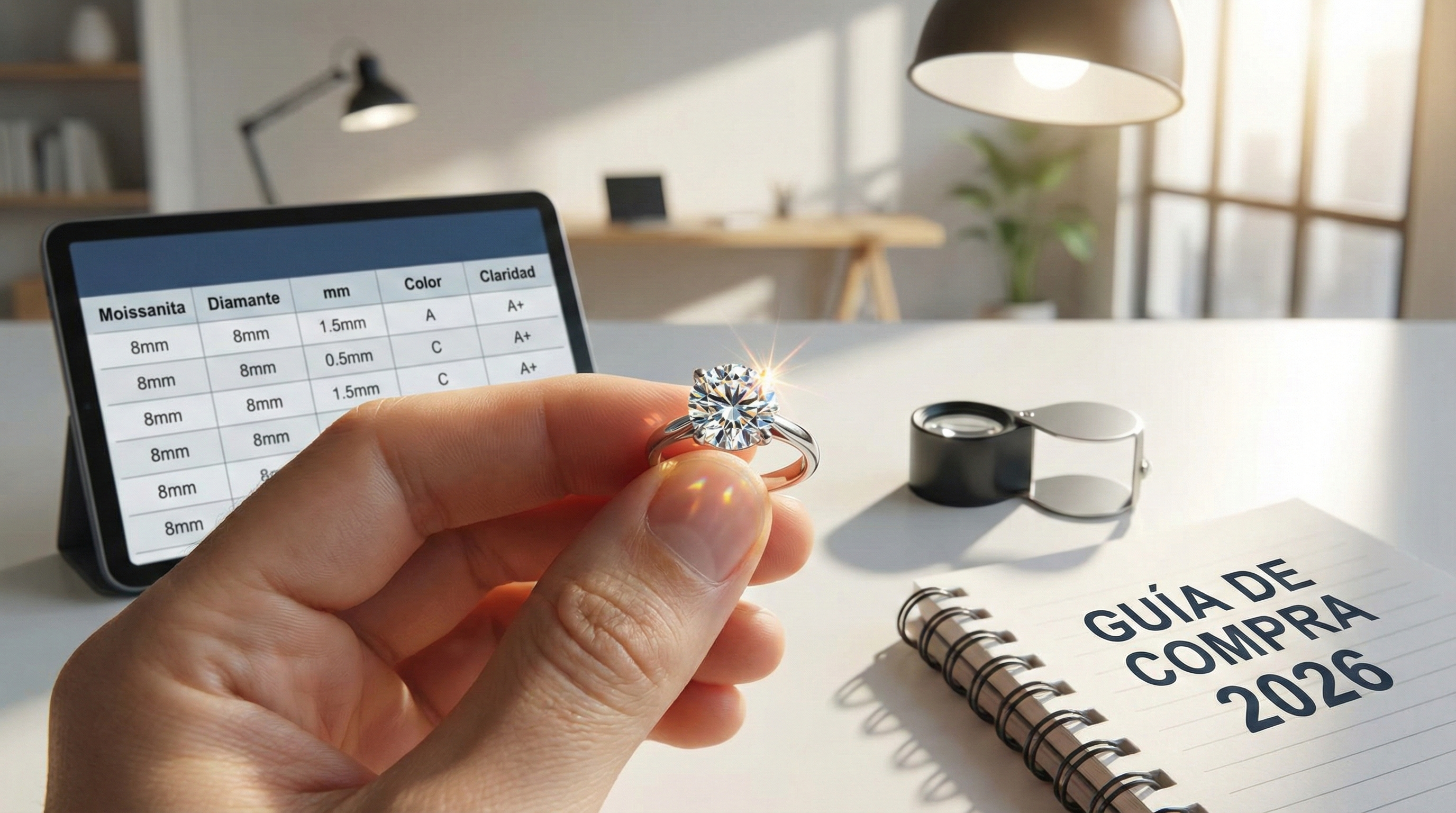 Moissanita en 2026: cómo comprar con criterio (brillo, color, claridad, tamaño en mm) y cuándo compensa frente a otras opciones