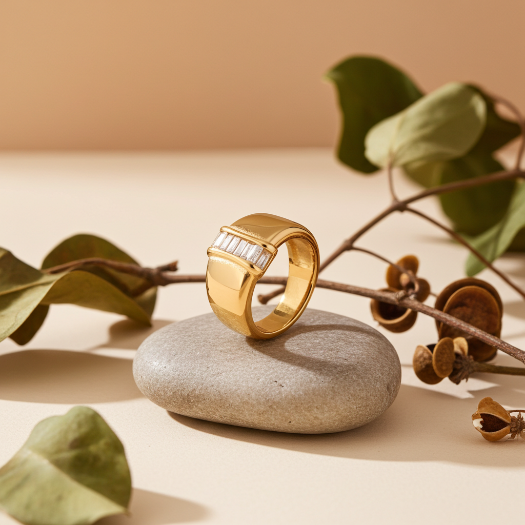 Anillo dorado de Joyería BRIORA sobre fondo neutro