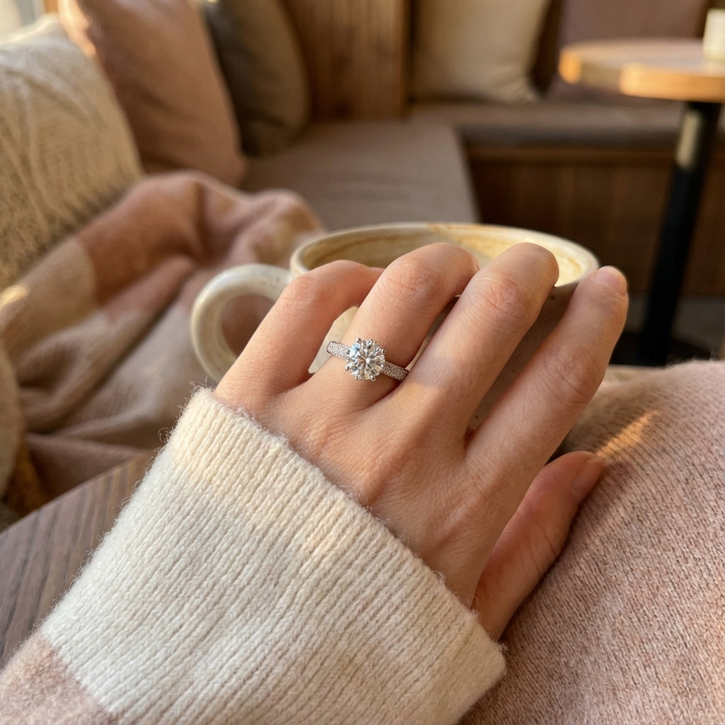 Anillo de moissanita con brillo tipo solitario en mano, estilo compromiso