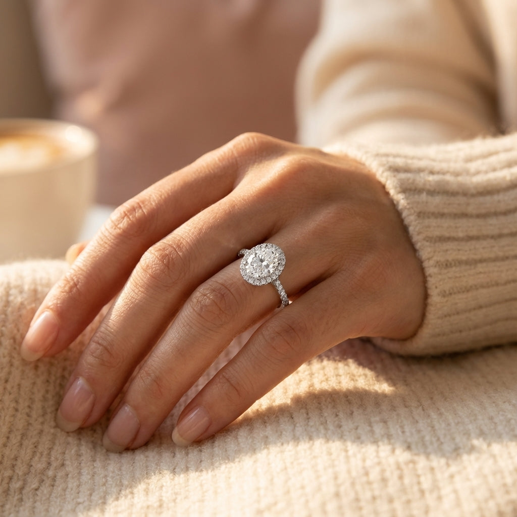 Anillo con moissanita oval con halo, referencia visual de brillo y presencia en la mano