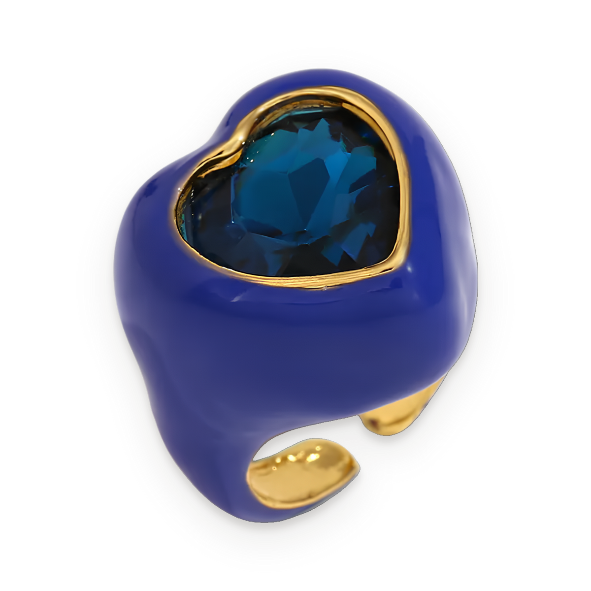 Anillo con corazón de cristal azul en acero dorado