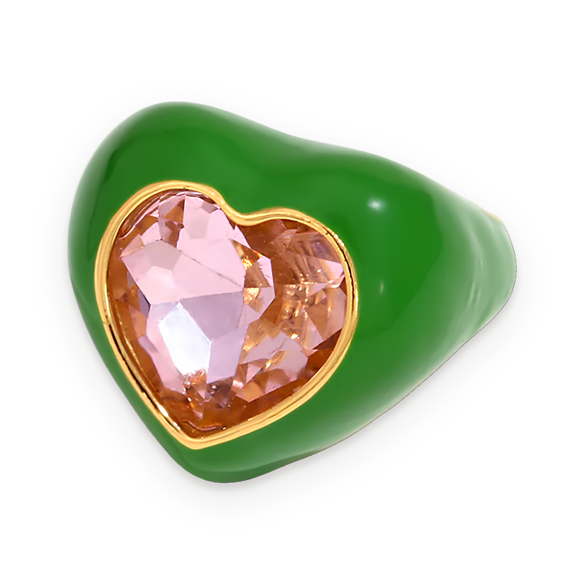 Anillo con corazón de cristal rosa en acero dorado