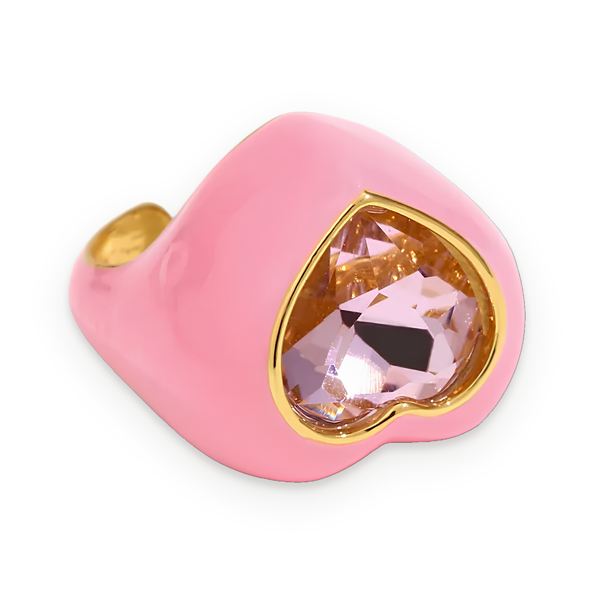 Anillo con corazón de cristal facetado en acero dorado