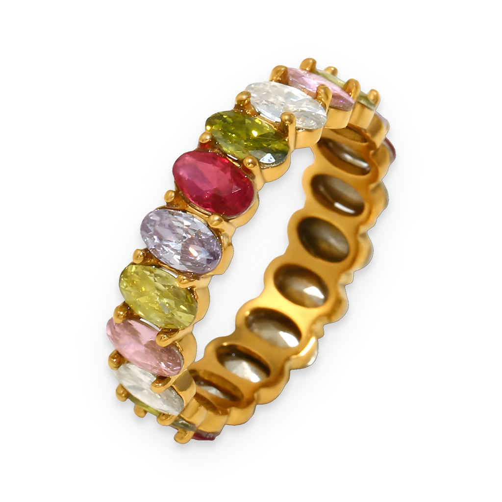Anillo de banda completa de circonitas de colores en acero dorado