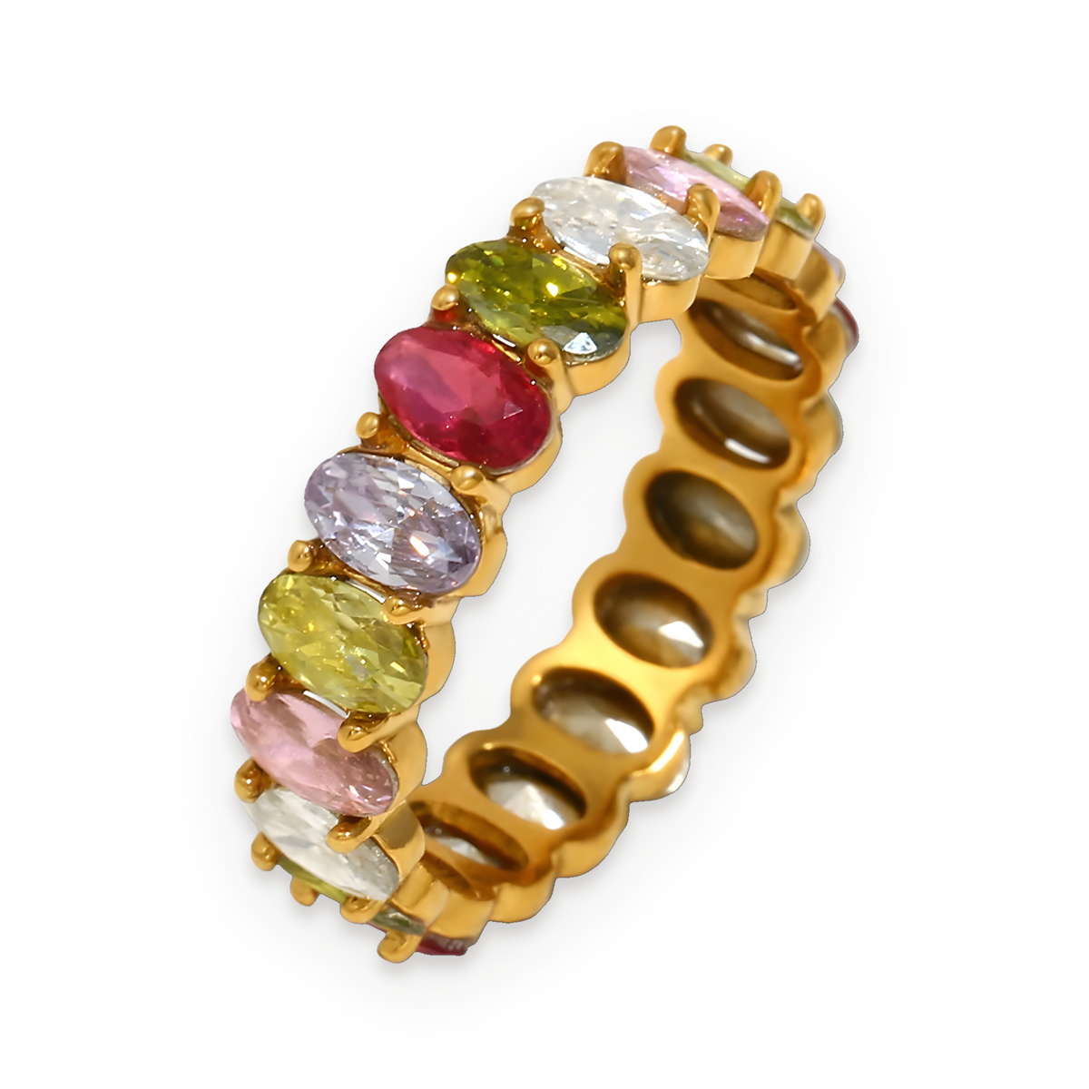 Anillo de banda completa de circonitas de colores en acero dorado