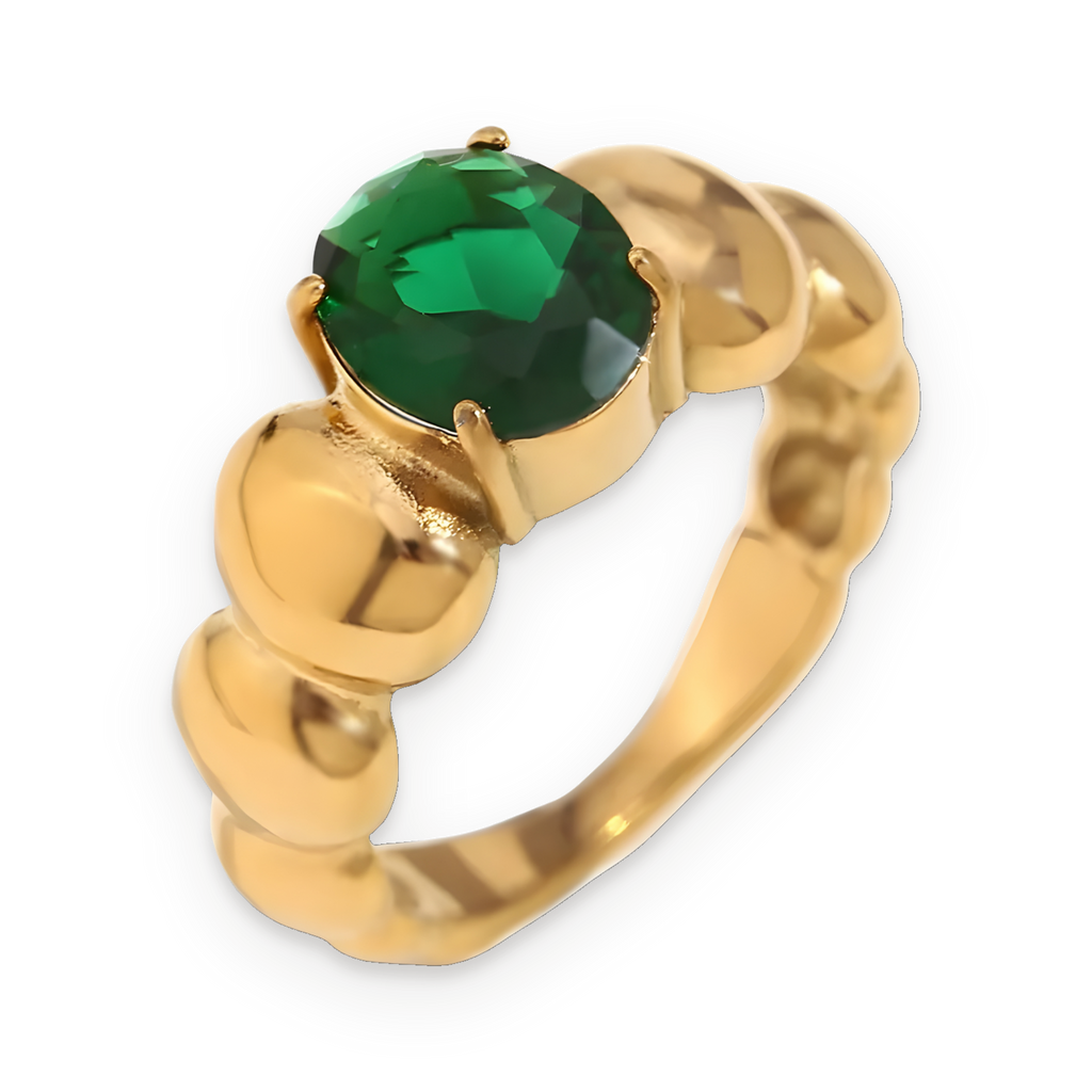 Anillo solitario de piedra verde en acero dorado