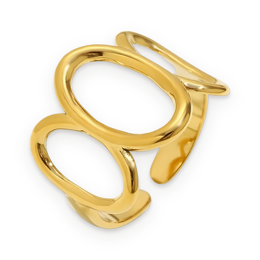 Anillo abierto de tres óvalos en acero dorado