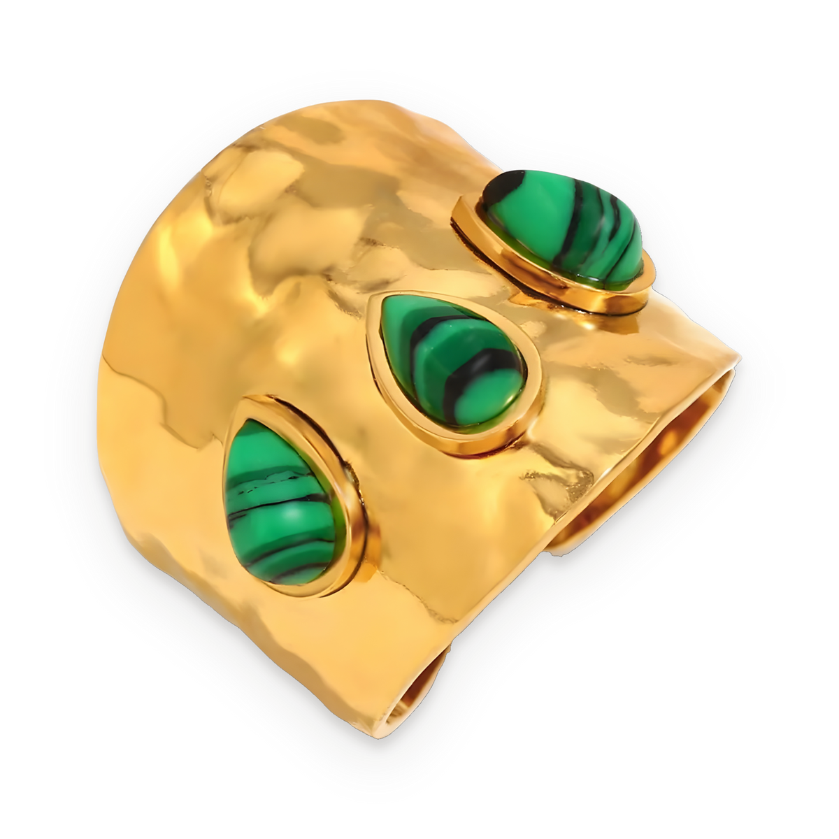 Anillo de banda de piedras verdes en acero dorado