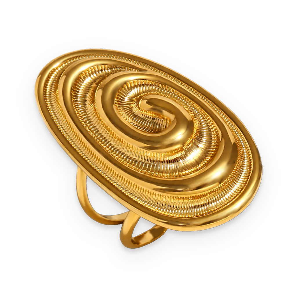 Anillo ovalado de diseño espiral en acero dorado