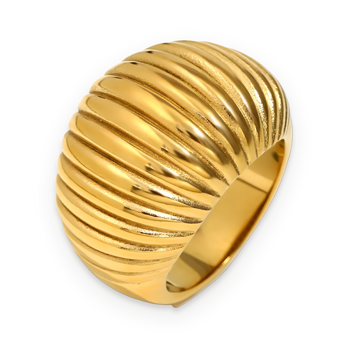 Anillo abombado acanalado en acero dorado