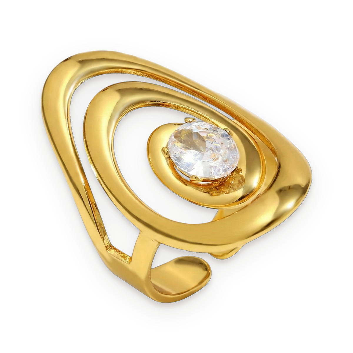 Anillo halo de circonita en acero dorado
