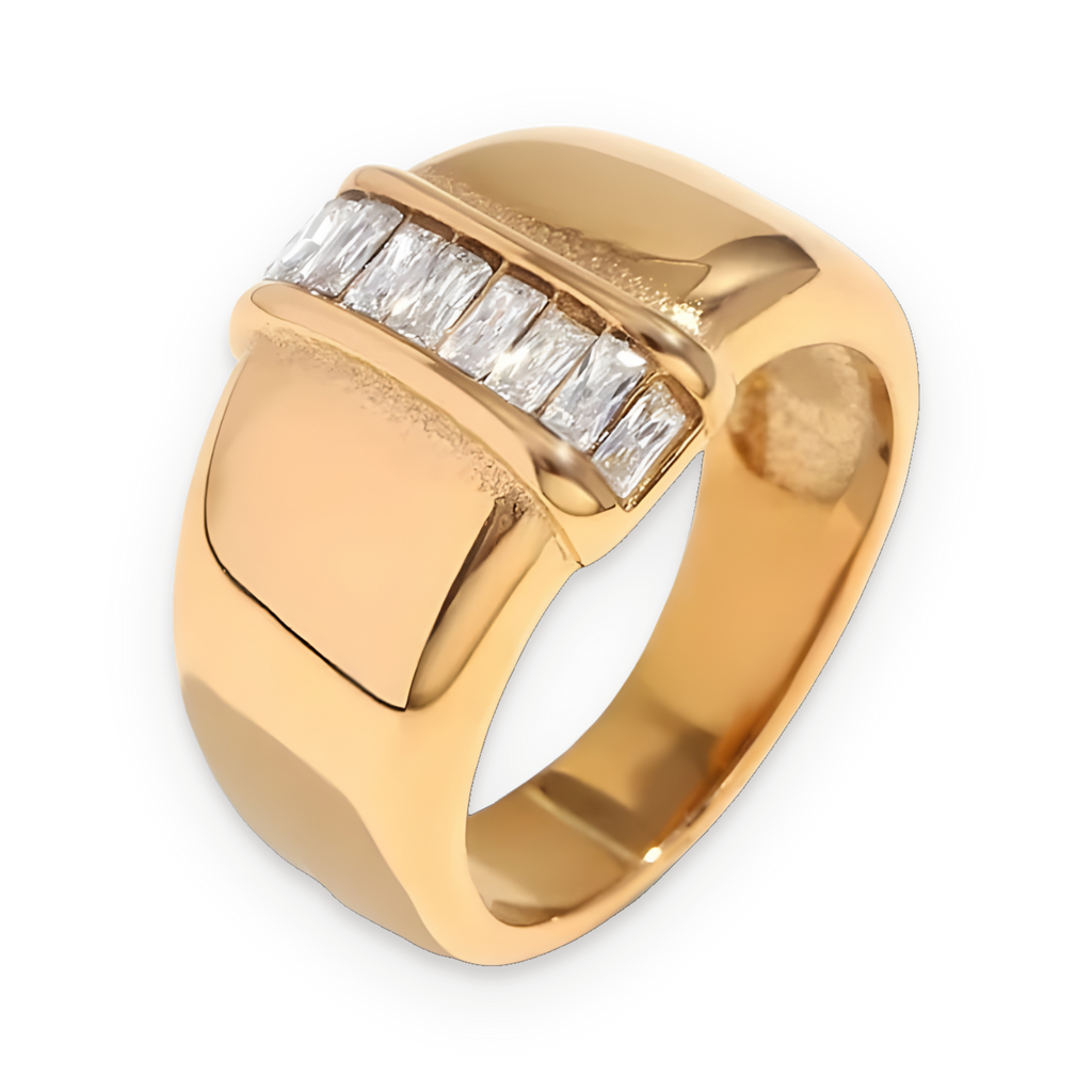 Anillo de banda de piedras rectangulares en acero dorado