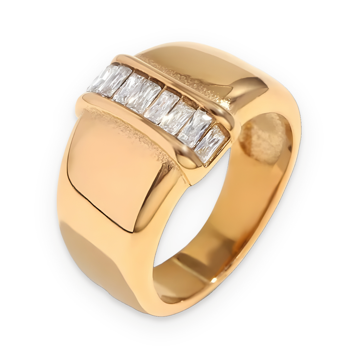 Anillo de banda de piedras rectangulares en acero dorado