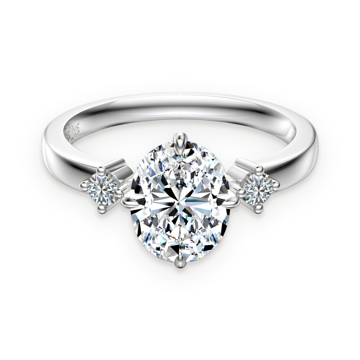 Anillo de tres piedras de moissanitas talla oval 2 ct en plata