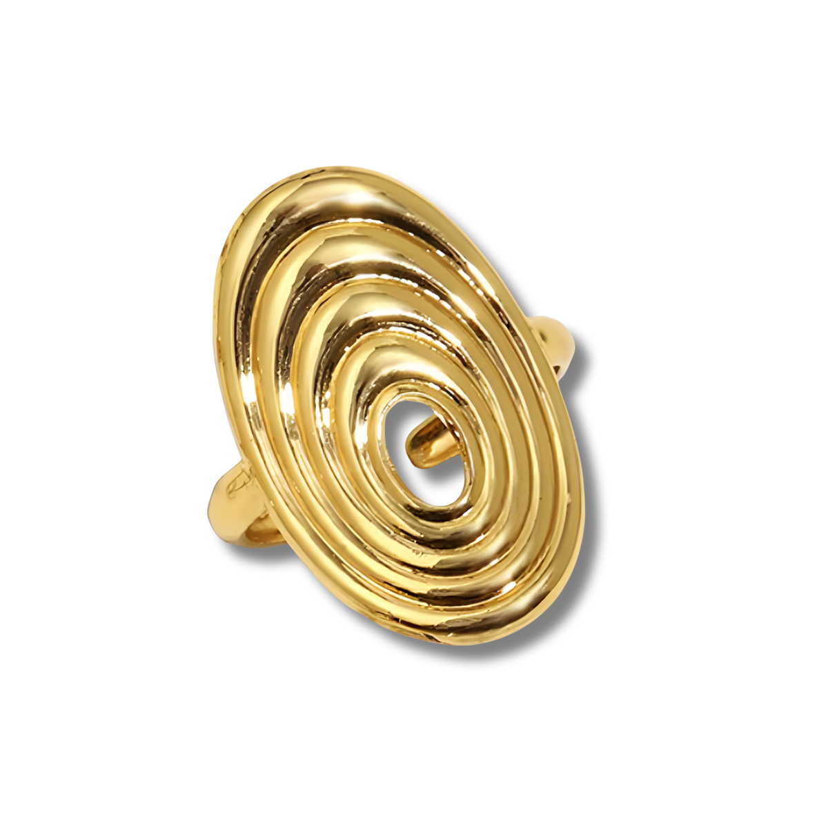 Anillo de relieves concéntricos en acero dorado