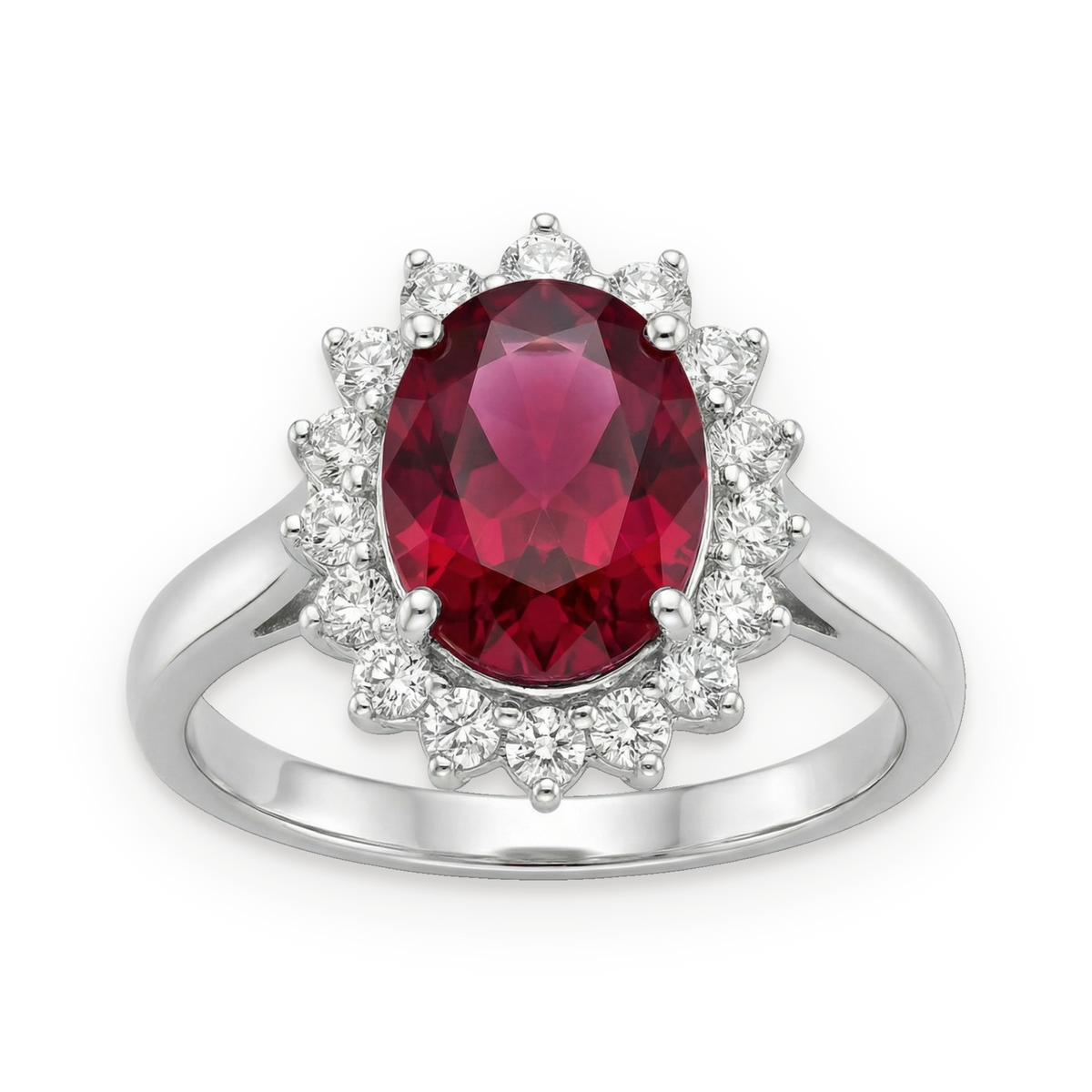 Anillo con halo de rodolita y circonitas en plata