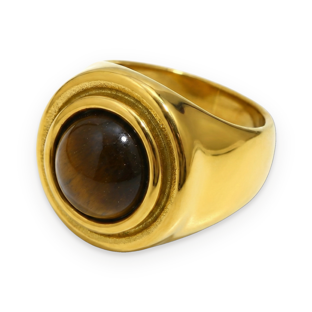 Anillo sello de ojo de tigre en acero dorado