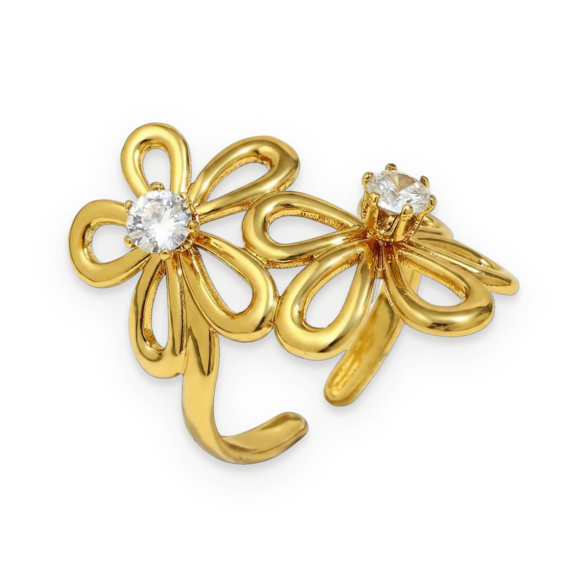 Anillo abierto de flores de circonitas en acero dorado