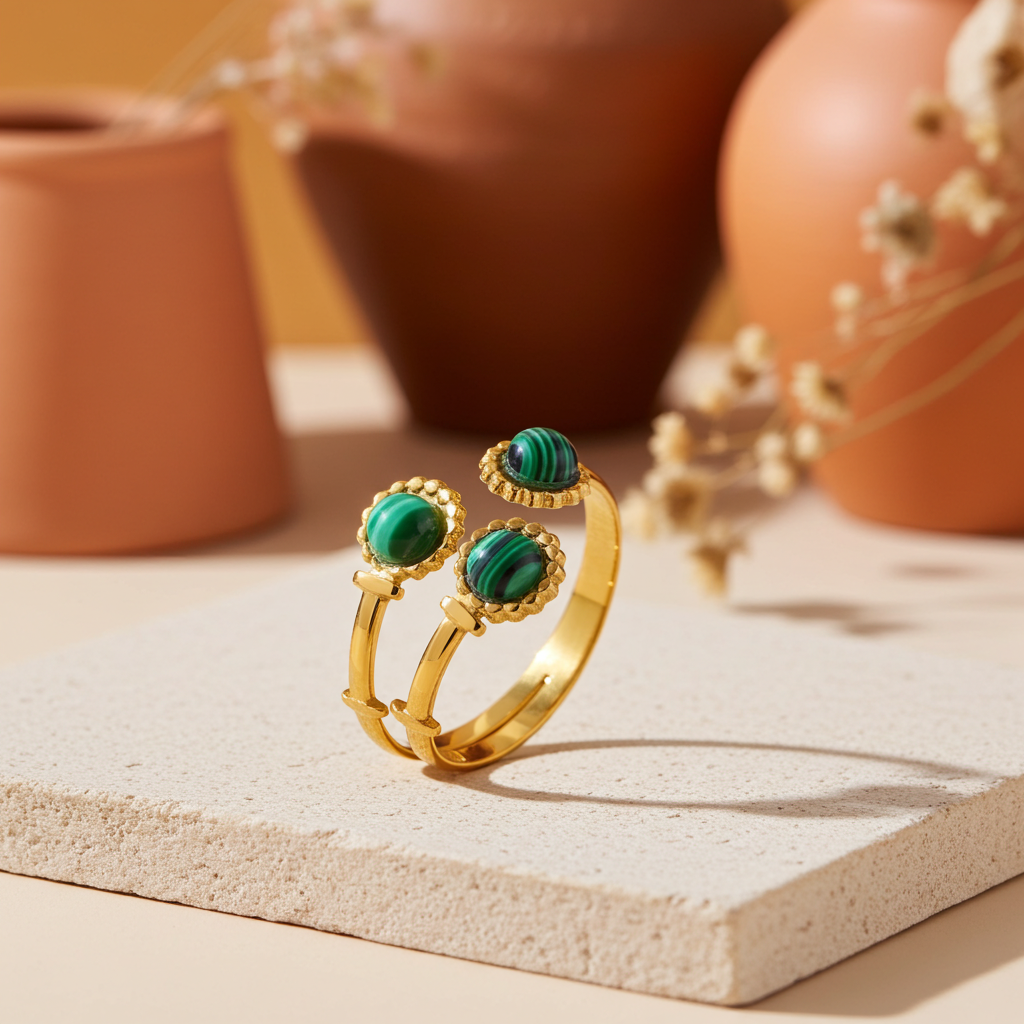 Anillo de tres cabujones verdes en acero dorado