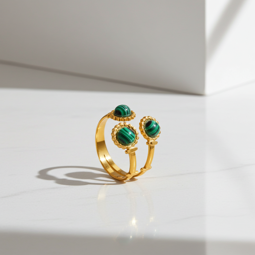 Anillo de tres cabujones verdes en acero dorado