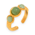 Anillo abierto de piedras verdes en acero dorado