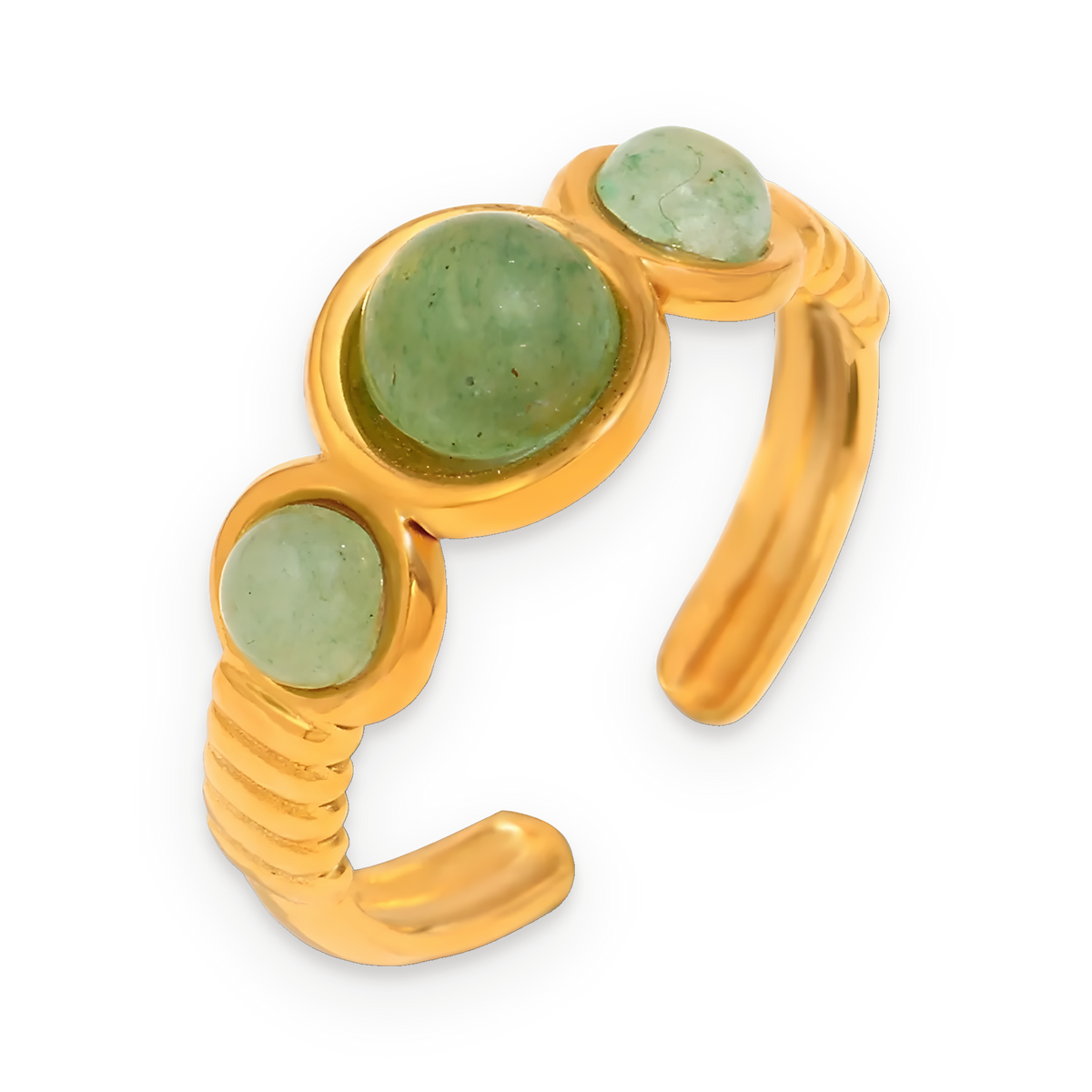 Anillo abierto de piedras verdes en acero dorado