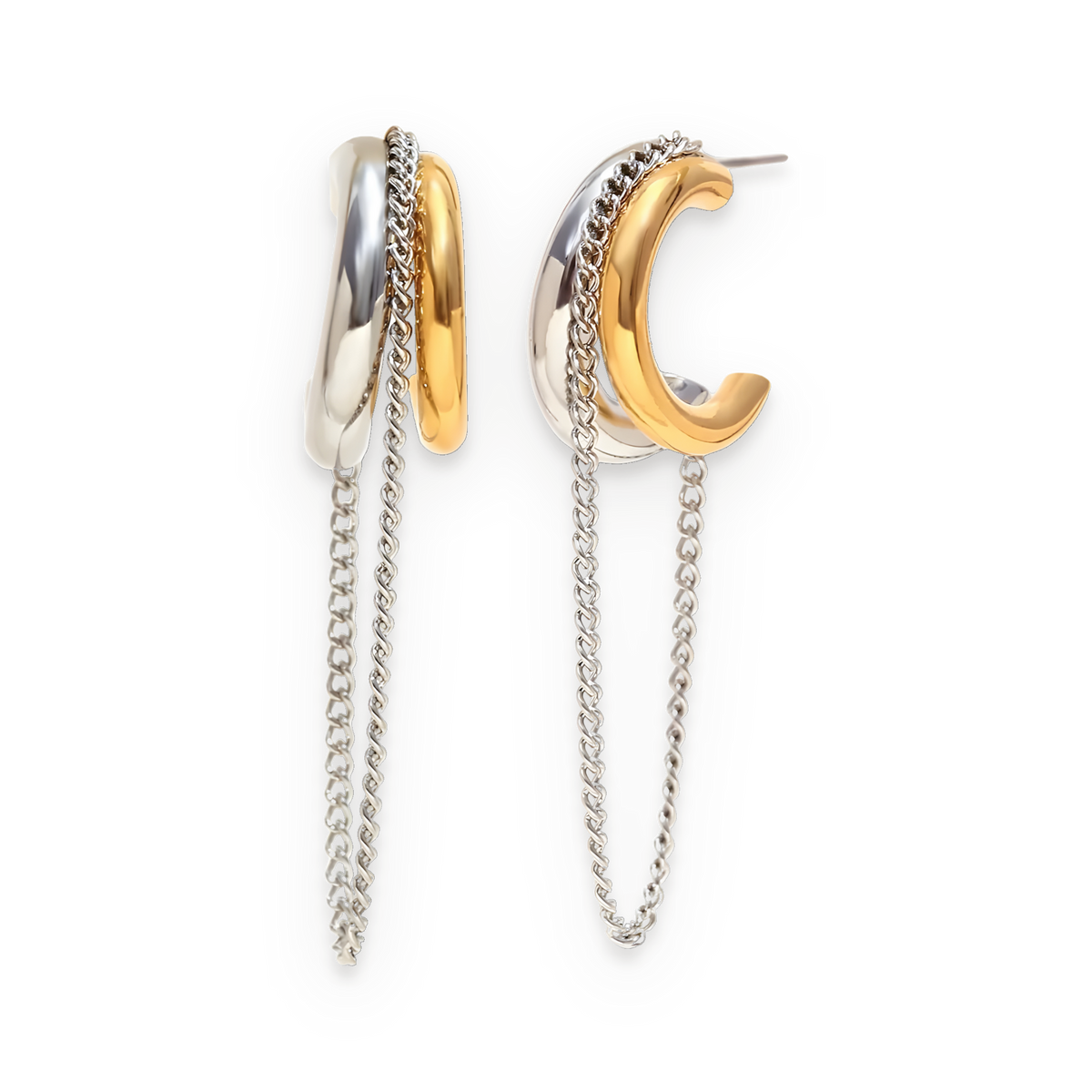 Pendientes de aro doble con cadena en acero dorado