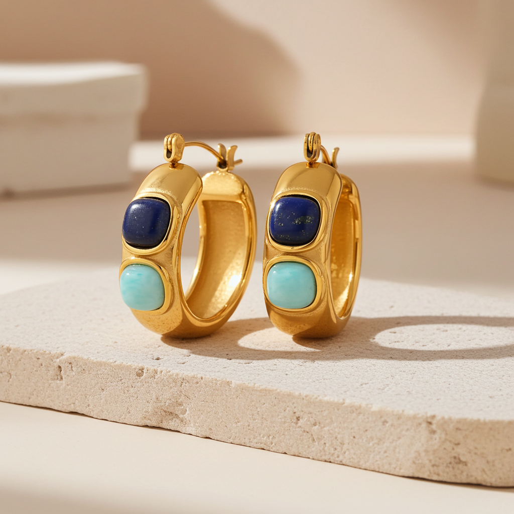 Pendientes de aro de piedras de colores en acero dorado