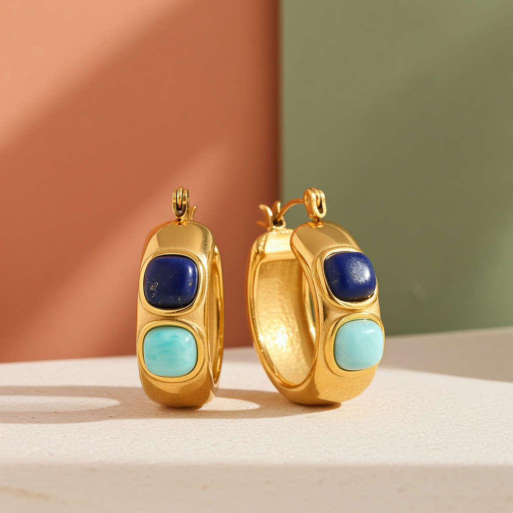 Pendientes de aro de piedras de colores en acero dorado