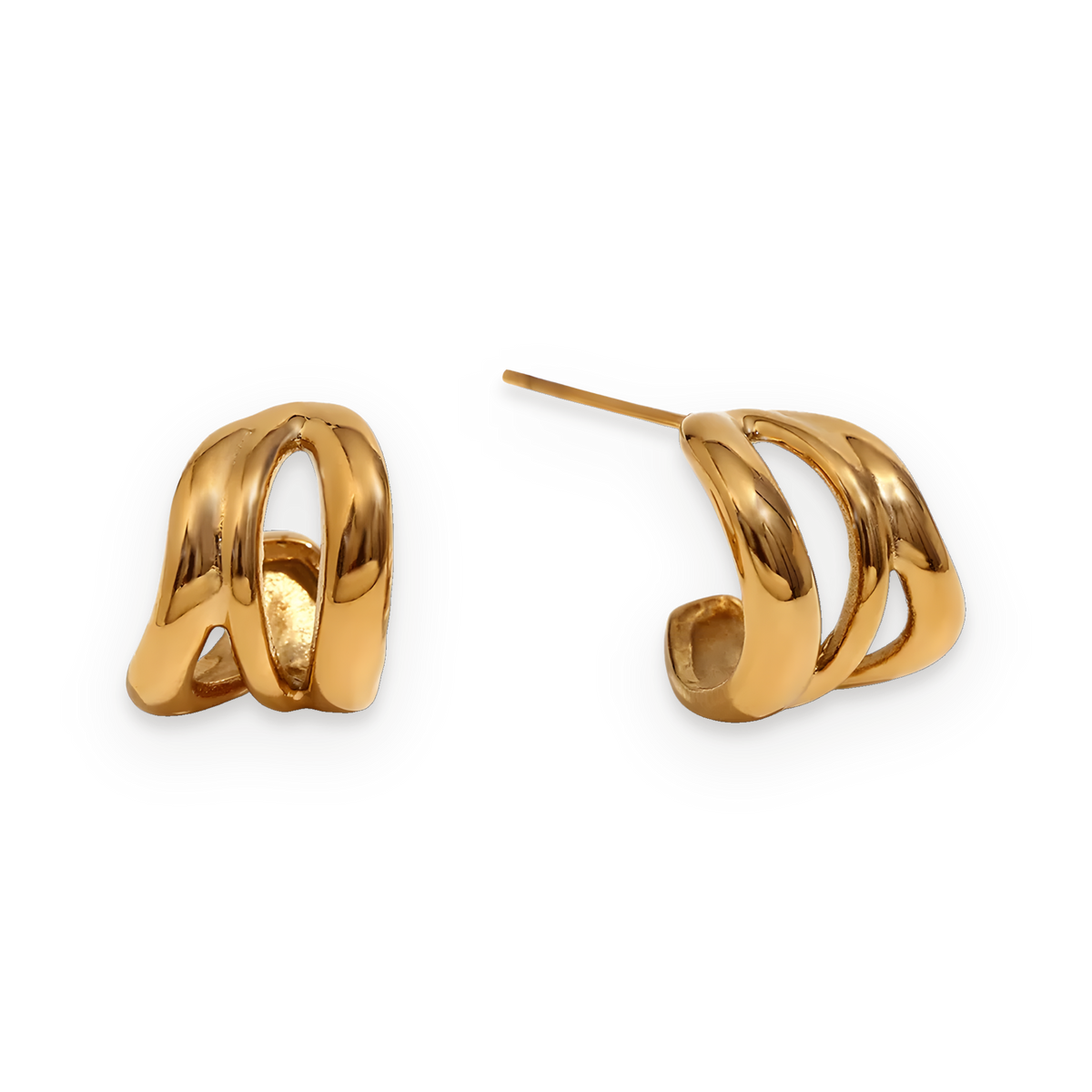 Pendientes de aro triple ola en acero dorado