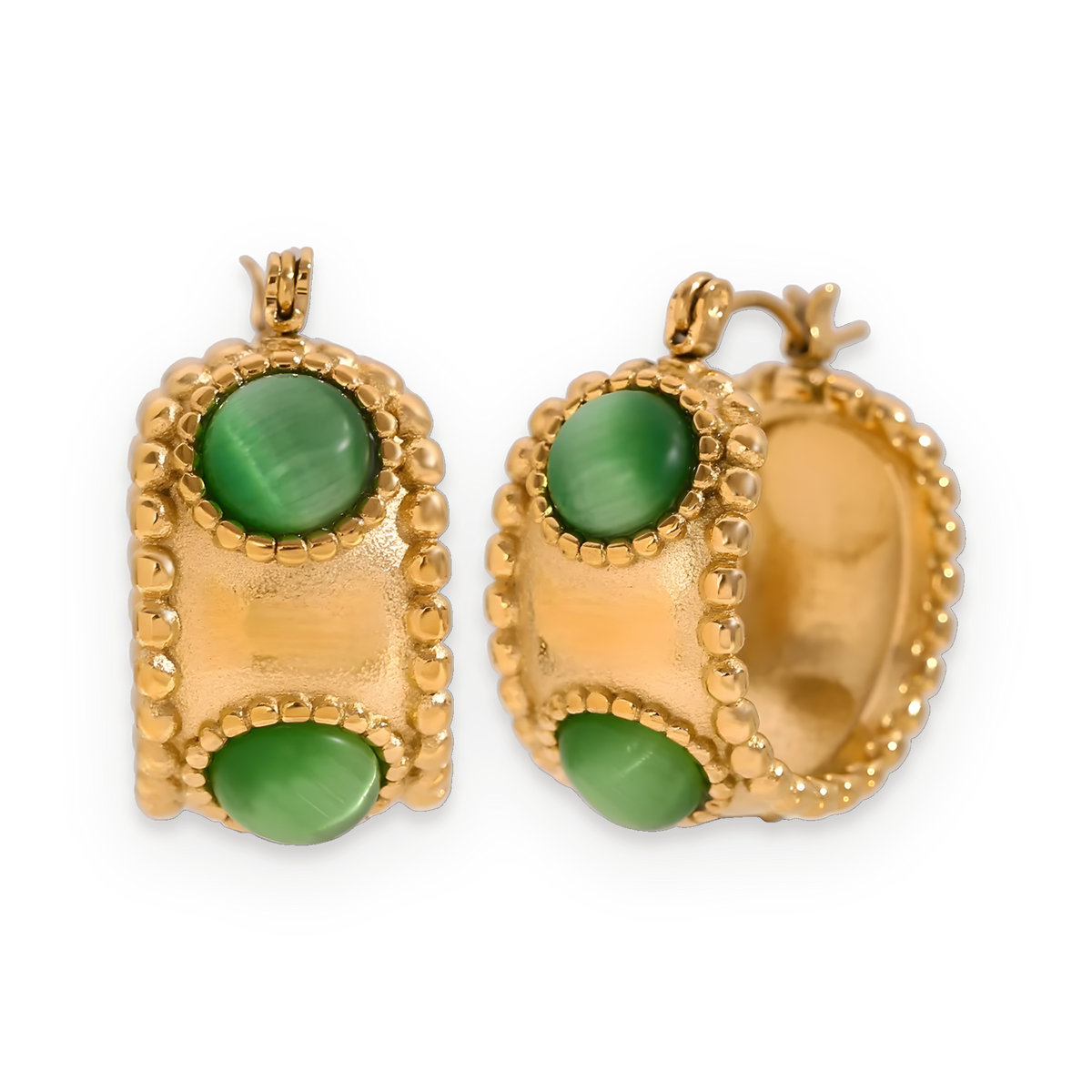 Pendientes de aro de ágatas verdes en acero dorado