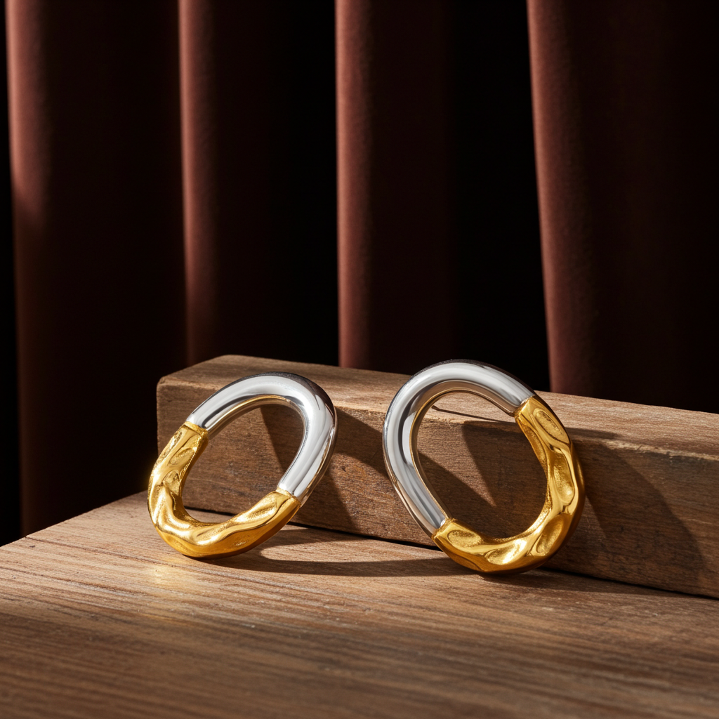 Pendientes de aro ovalado bicolor en acero dorado