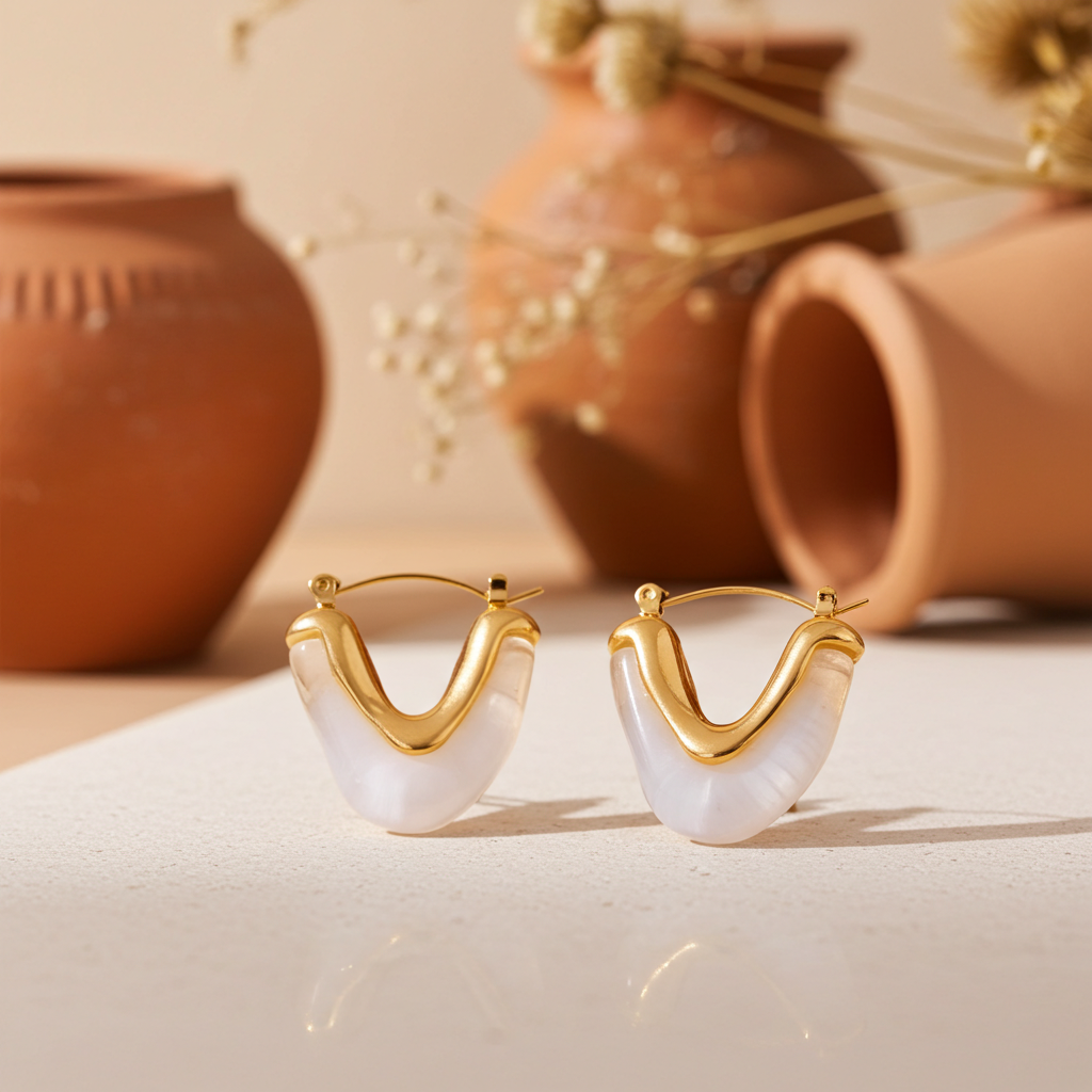 Pendientes de aro en V de resina acrílica en acero dorado