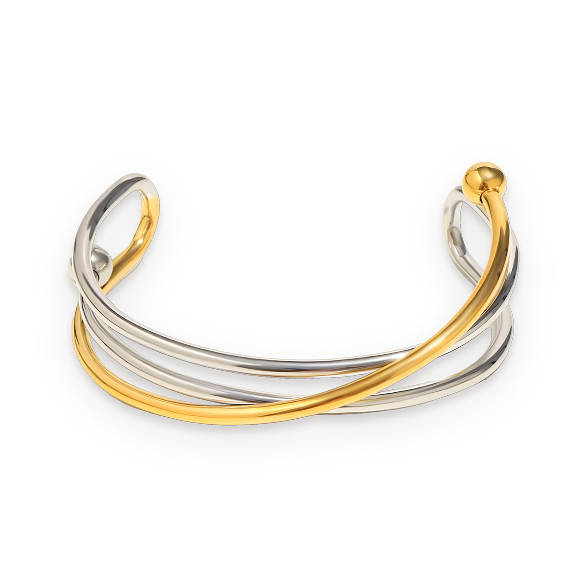 Pulsera brazalete entrecruzado bicolor en acero dorado