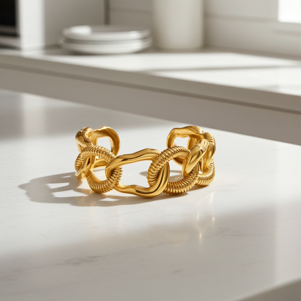 Pulsera brazalete de eslabones en acero dorado