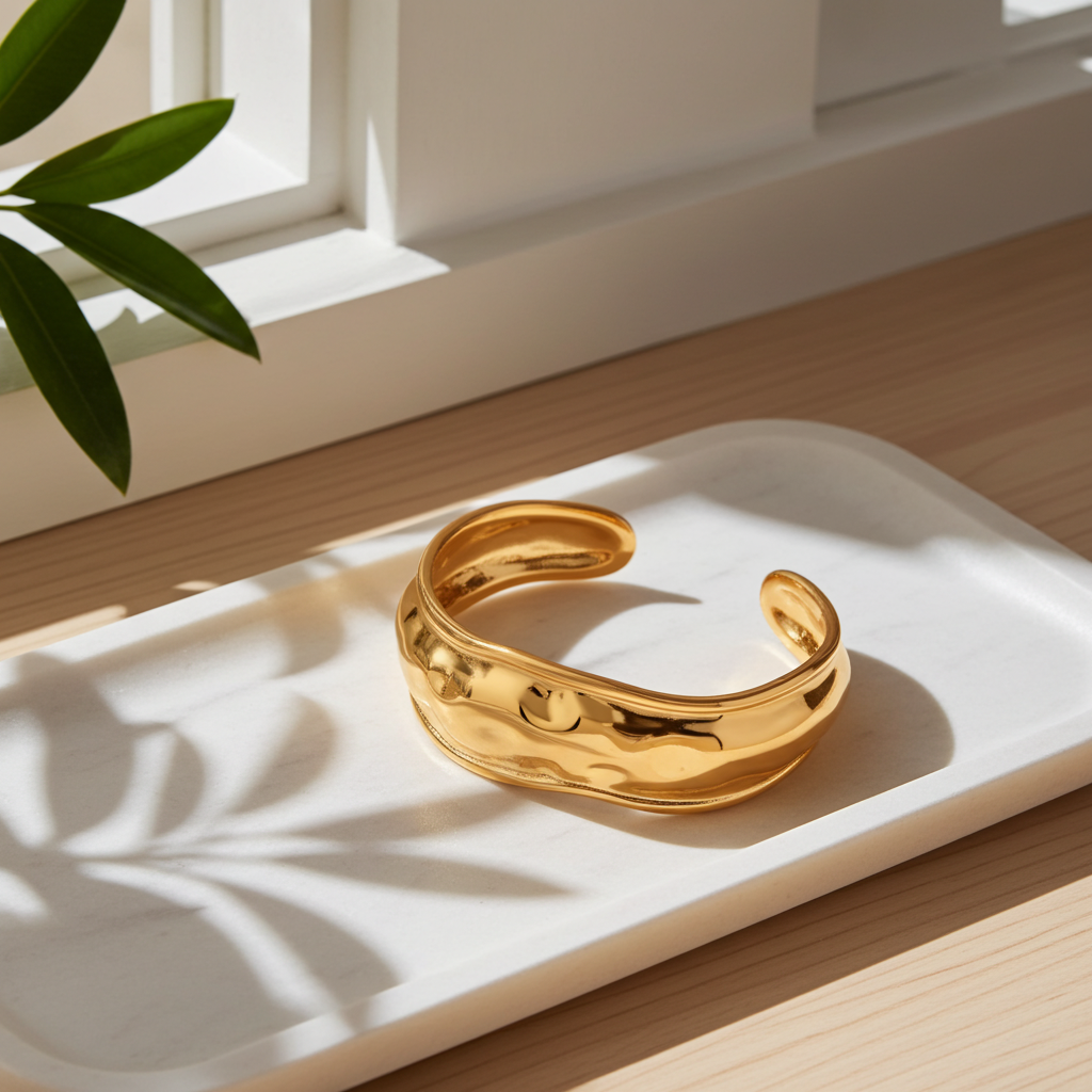 Pulsera brazalete de ondas orgánicas en acero dorado