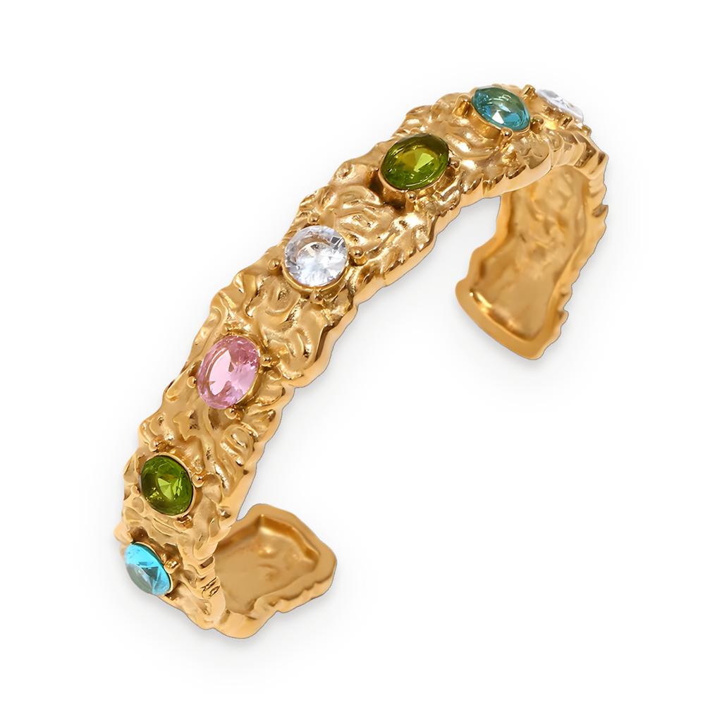 Pulsera brazalete de piedras de colores en acero dorado