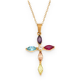 Collar con cruz de circonitas multicolor en acero dorado