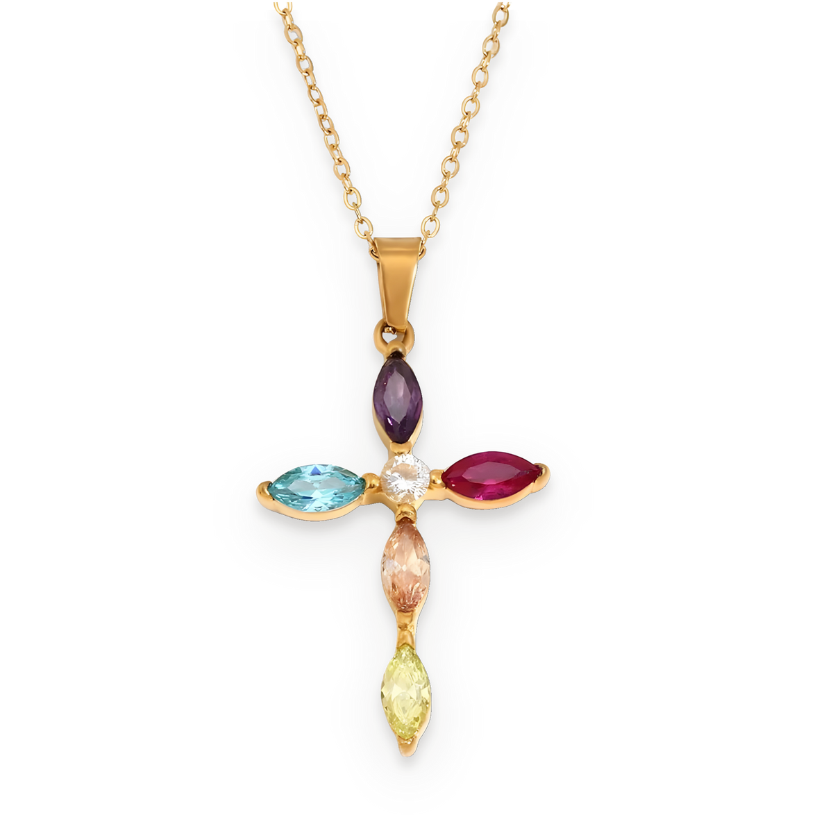 Collar con cruz de circonitas multicolor en acero dorado