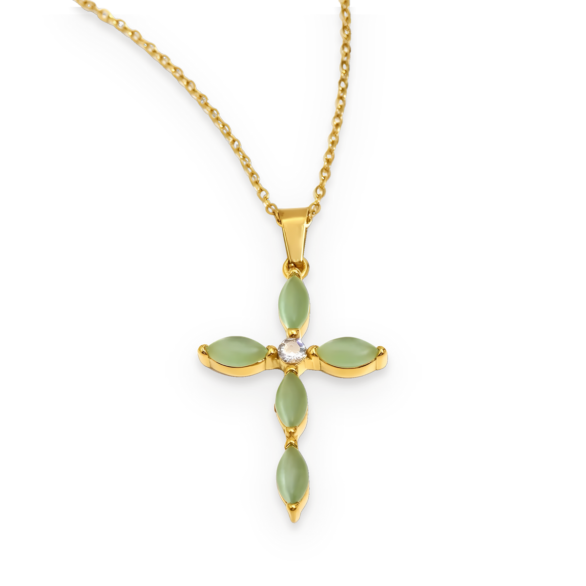 Collar con cruz de piedras verdes en acero dorado