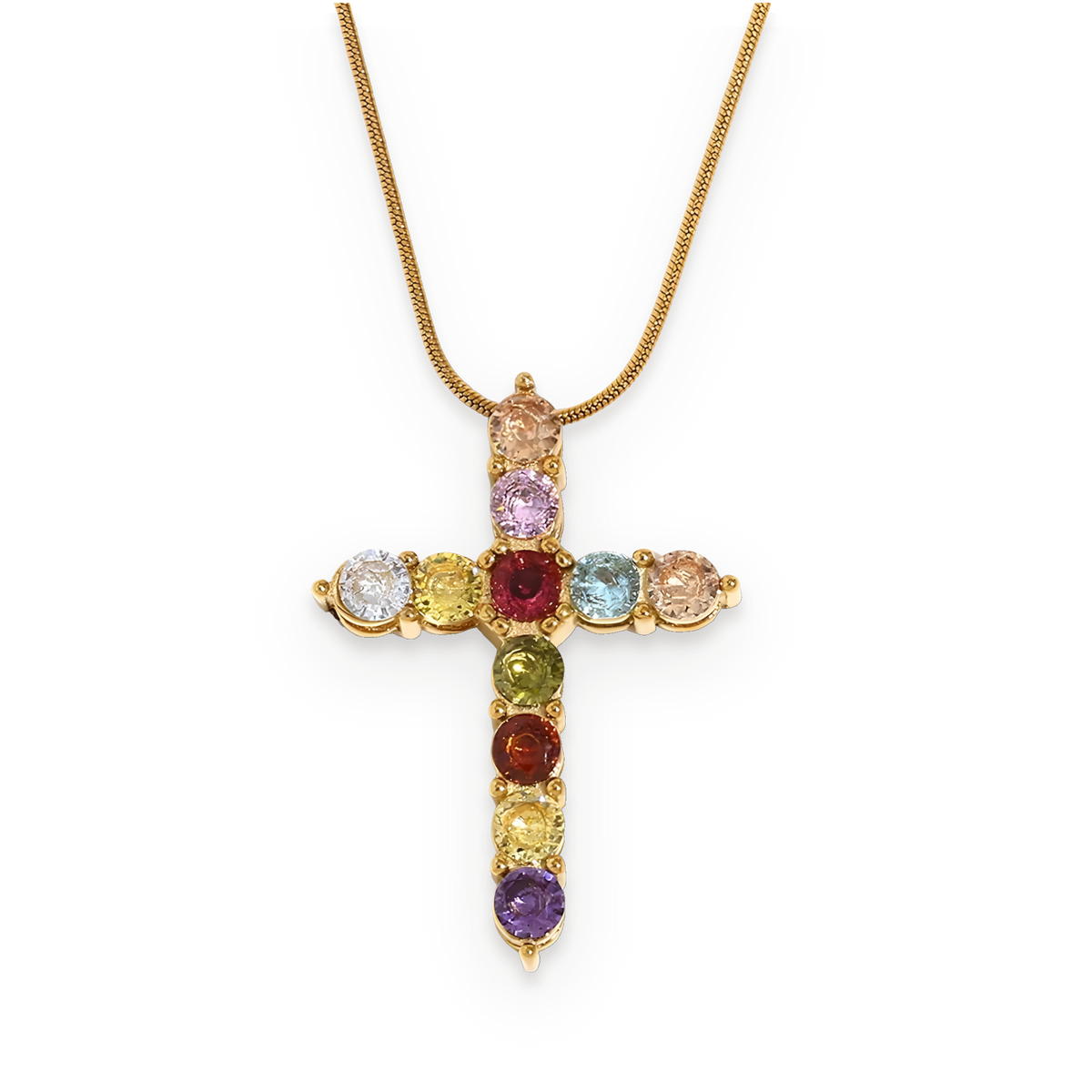 Collar con cruz de piedras de colores en acero dorado