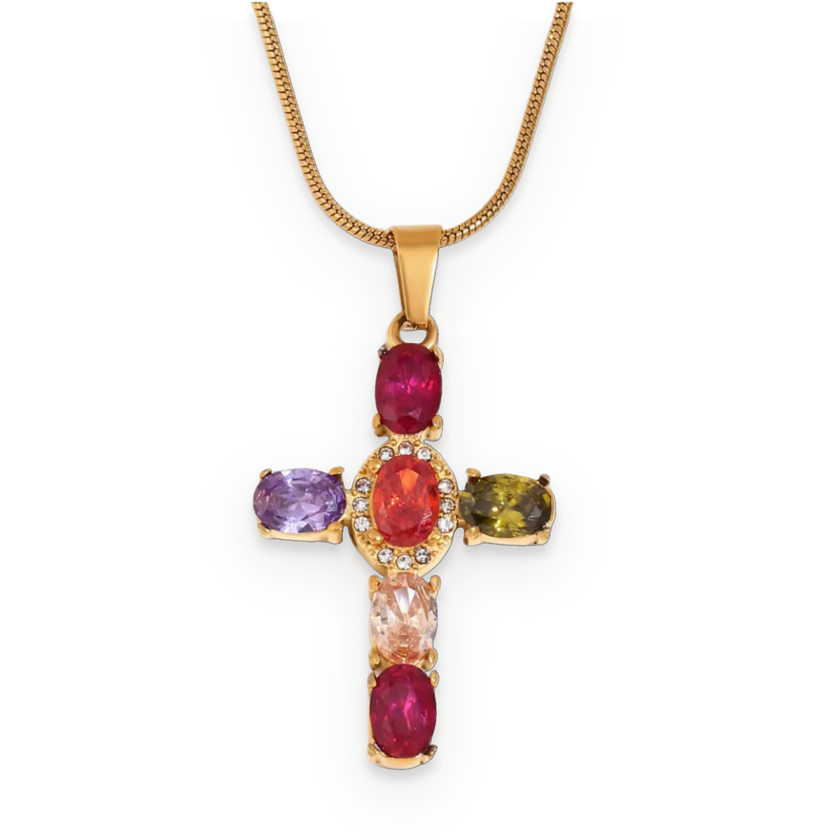 Collar con cruz de cristales de colores en acero dorado
