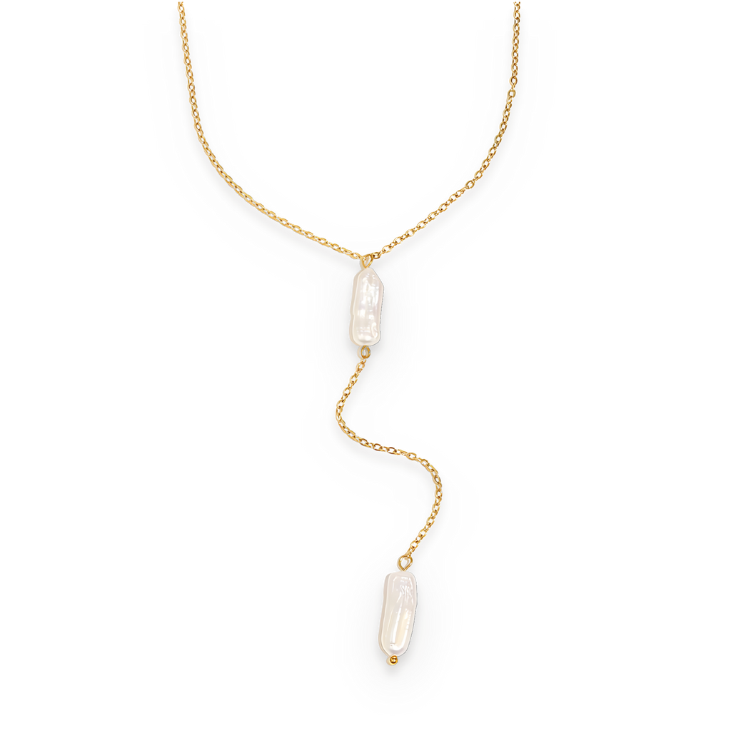 Collar tipo Y de perlas en acero dorado