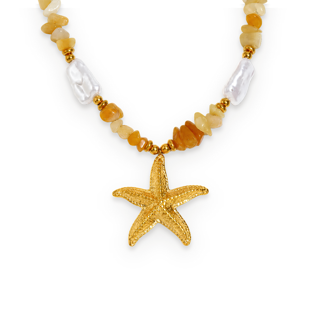 Collar con estrella de mar de piedras naturales en acero dorado