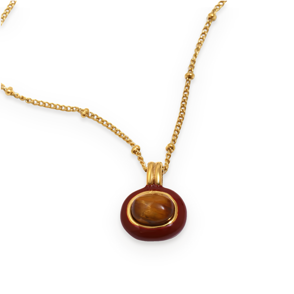 Collar con colgante de piedra efecto ojo de tigre en acero dorado