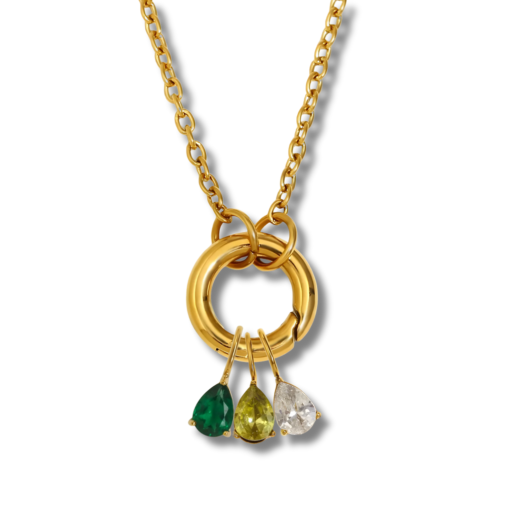 Collar con aro y tres charms de piedras de colores en acero dorado