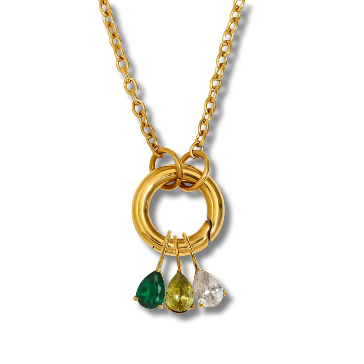 Collar con aro y tres charms de piedras de colores en acero dorado