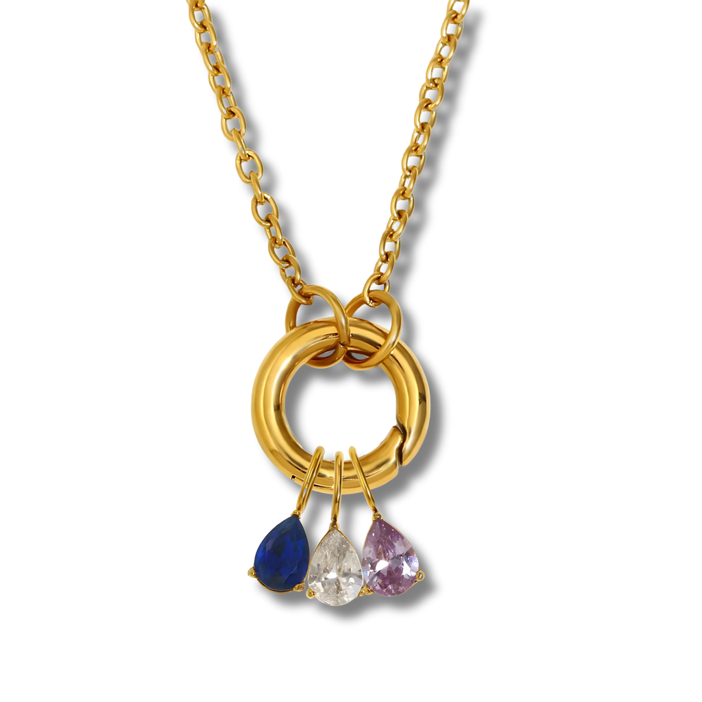 Collar con aro y tres charms de piedras de colores en acero dorado