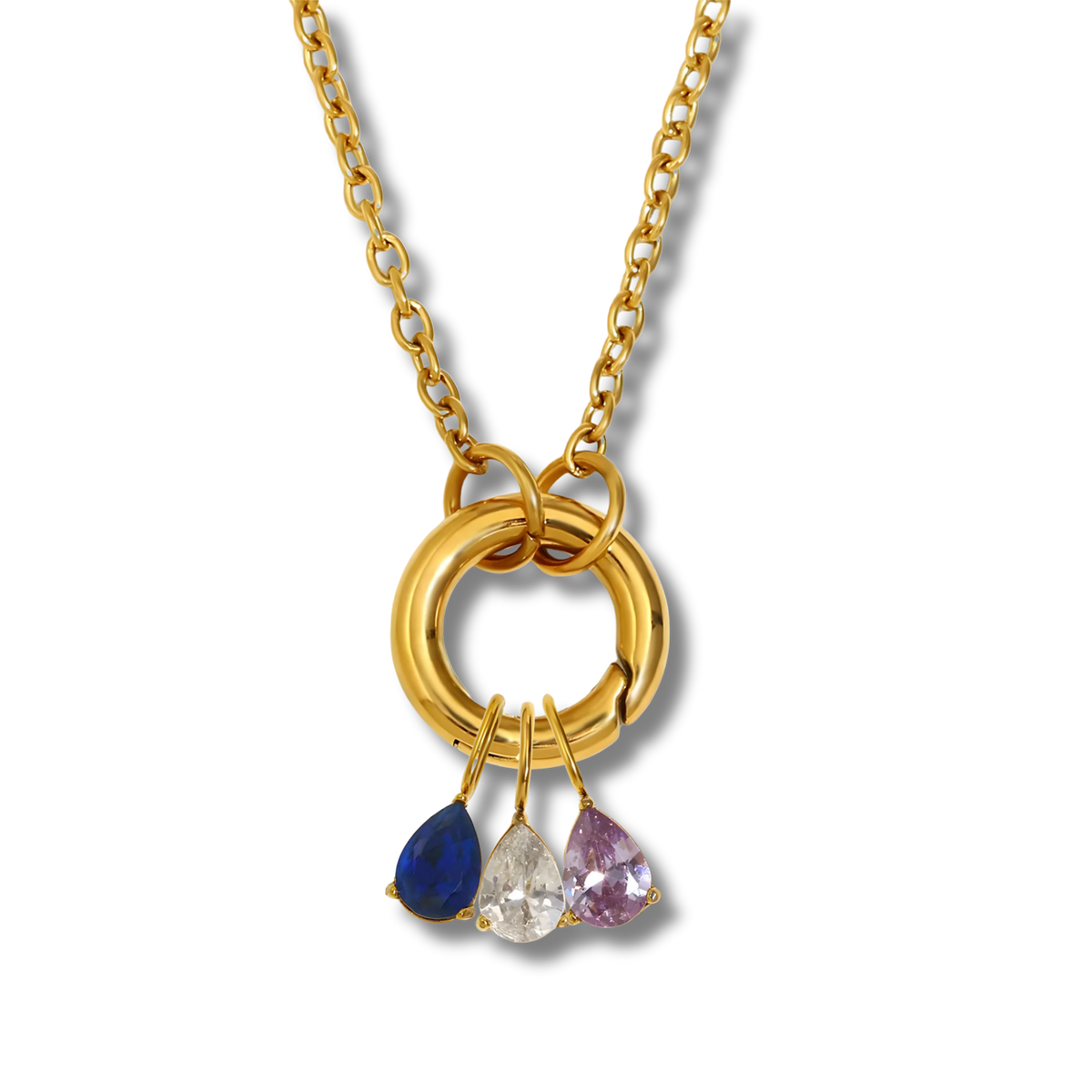 Collar con aro y tres charms de piedras de colores en acero dorado