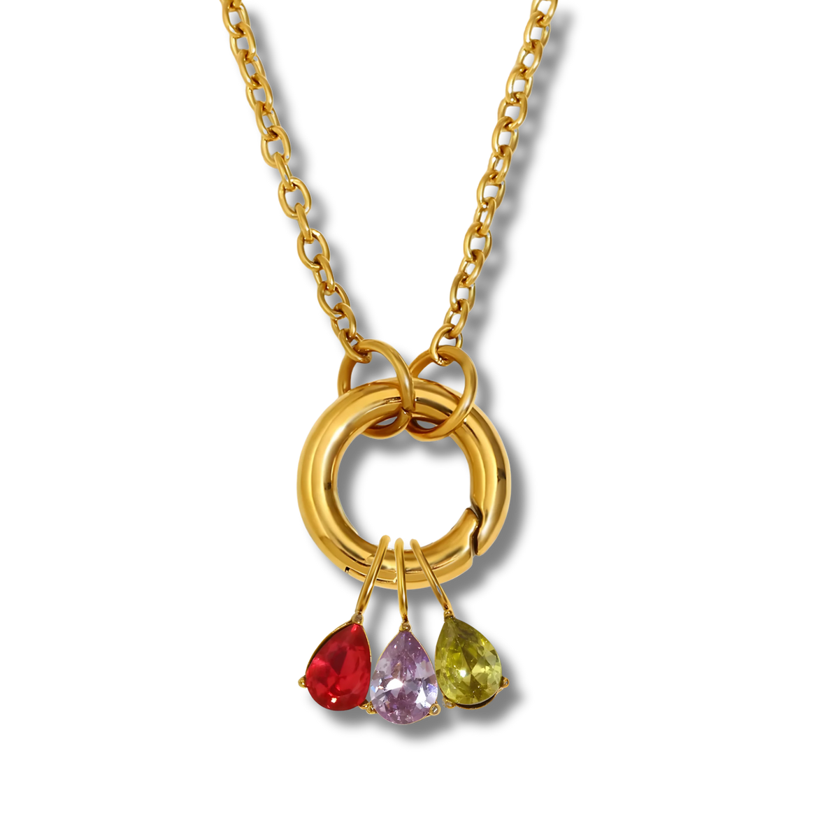 Collar con aro y tres charms de piedras de colores en acero dorado